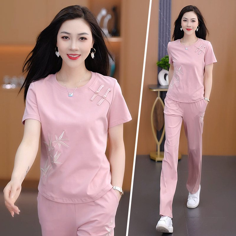 夏季运动服套装女时尚新中式复古国风圆领卫衣气质短袖休闲两件套