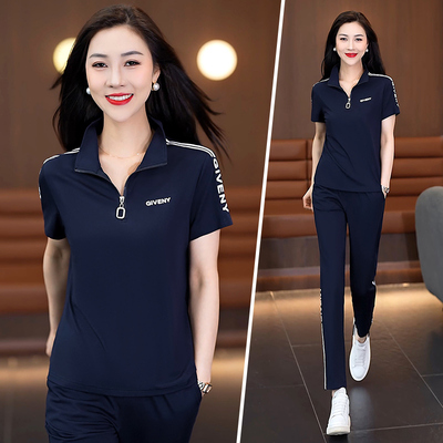 运动套装女夏季新款洋气立领短袖宽松跑步服妈妈夏天衣服两件套薄