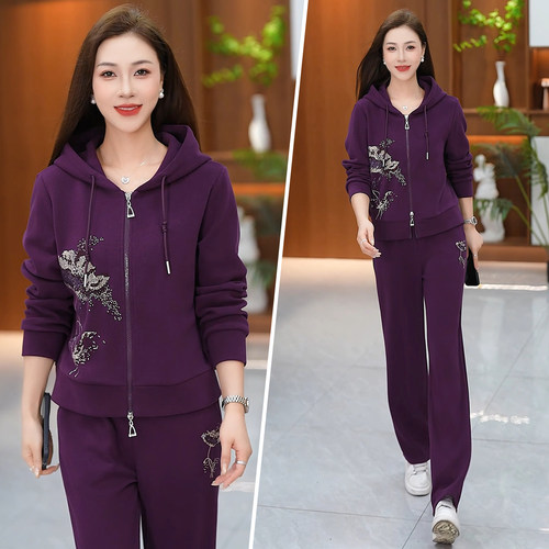 春秋大码连帽显瘦休闲运动套装女