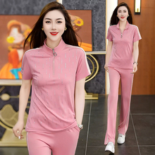 夏季运动服套装女2025新款时尚洋气质妈妈短袖长裤立领跑步两件套