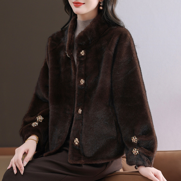 水貂绒皮草大衣外套女开衫短款宽松立领单排扣中老年妈妈装羊毛衫