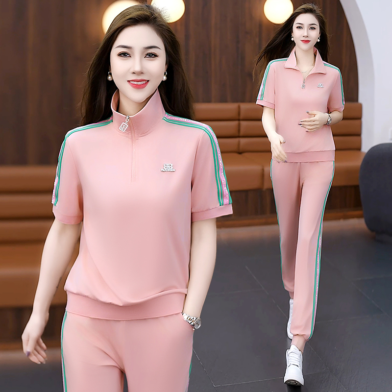 运动套装女夏2025新款时尚洋气小个子冰丝薄款短袖长裤大码两件套
