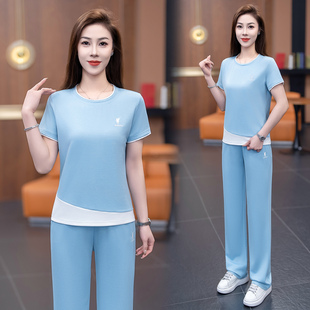女士休闲运动套装 显瘦时尚 短袖 两件套修身 洋气撞色跑步服 长裤 夏季