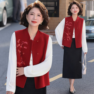 妈妈羊绒马甲女款2026新款早春本命年红色外套中老年秋冬打底外搭