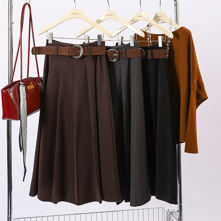 美拉德复古毛呢配腰带百褶裙女2025秋冬新款a字显瘦中长款半身裙