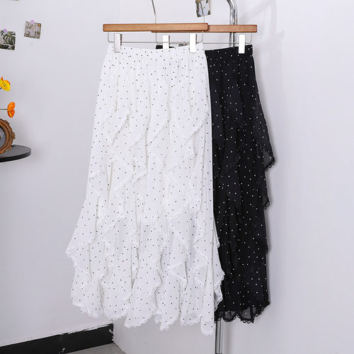 设计感法式波点木耳边雪纺A字裙