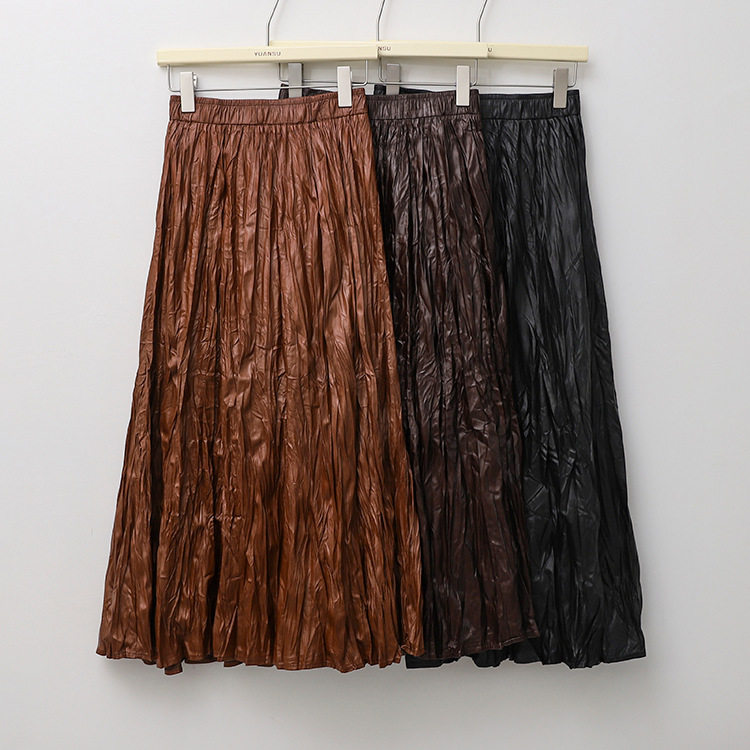 高级感肌理褶皱pu皮半身裙女2025秋冬新款a字裙中长百褶大摆皮裙
