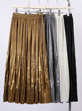 高级感流光亮闪闪星空百褶裙女2026春新款a字高腰中长大摆半身裙