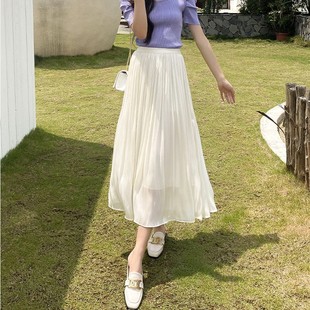 高级紫色流光纱半身裙女2026夏季 a字大摆纱裙中长珠光百褶裙 新款