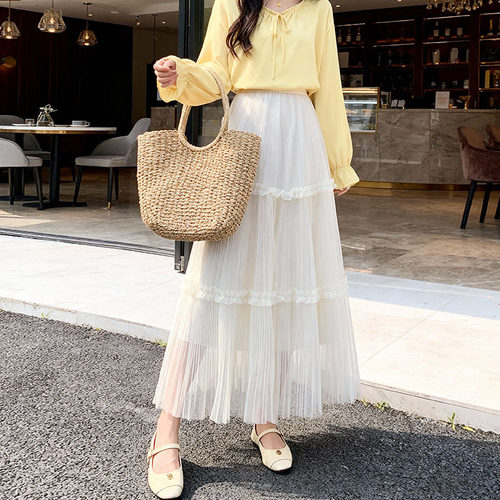 高级感网纱大摆百褶半身裙