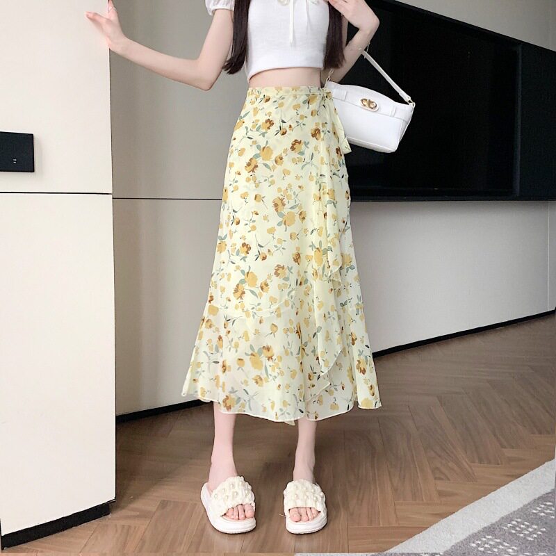一片式系带雪纺碎花a字裙2026夏新款不规则小个子荷叶边半身裏裙