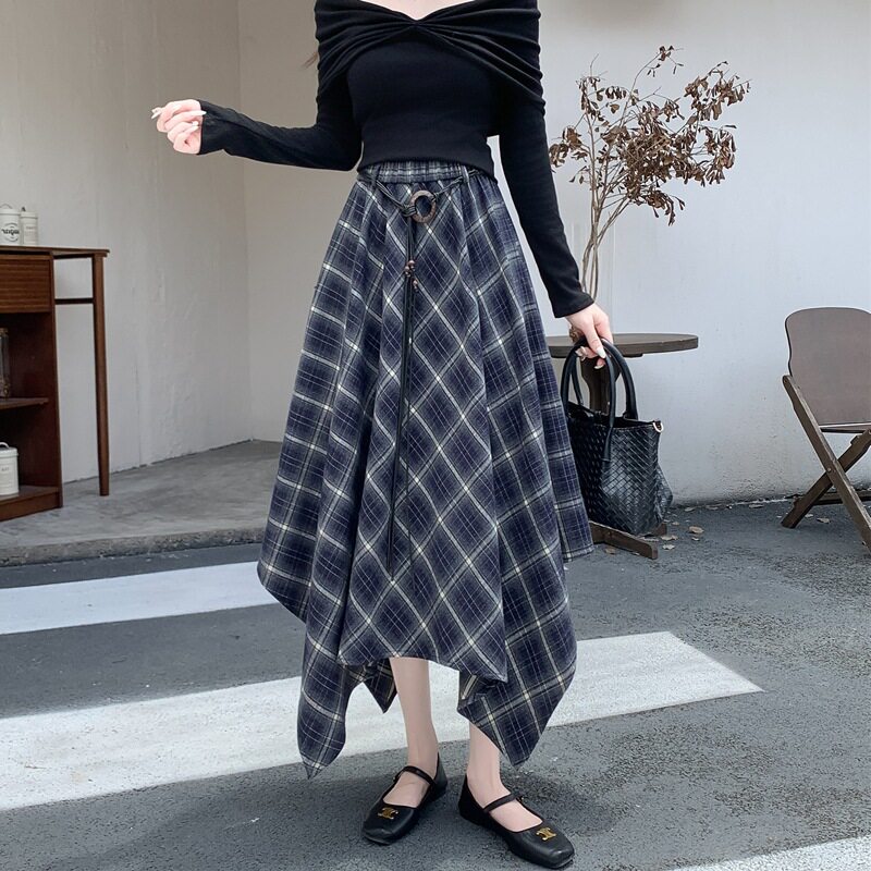 不规则毛呢格纹半身裙女2025秋冬复古格子松紧腰显瘦中长a字伞裙