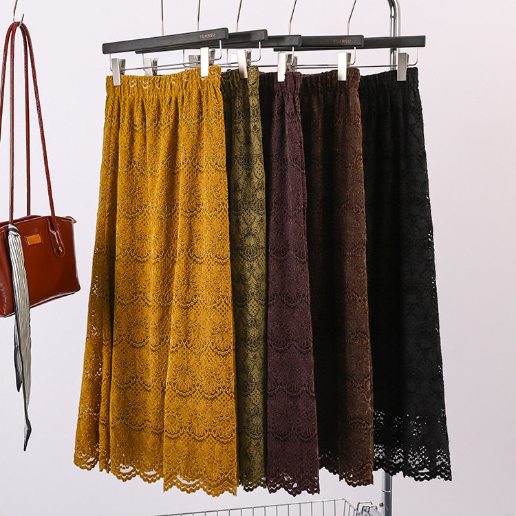 美拉德刺绣加绒蕾丝直筒裙女2025秋冬新款a字开叉中长包臀半身裙