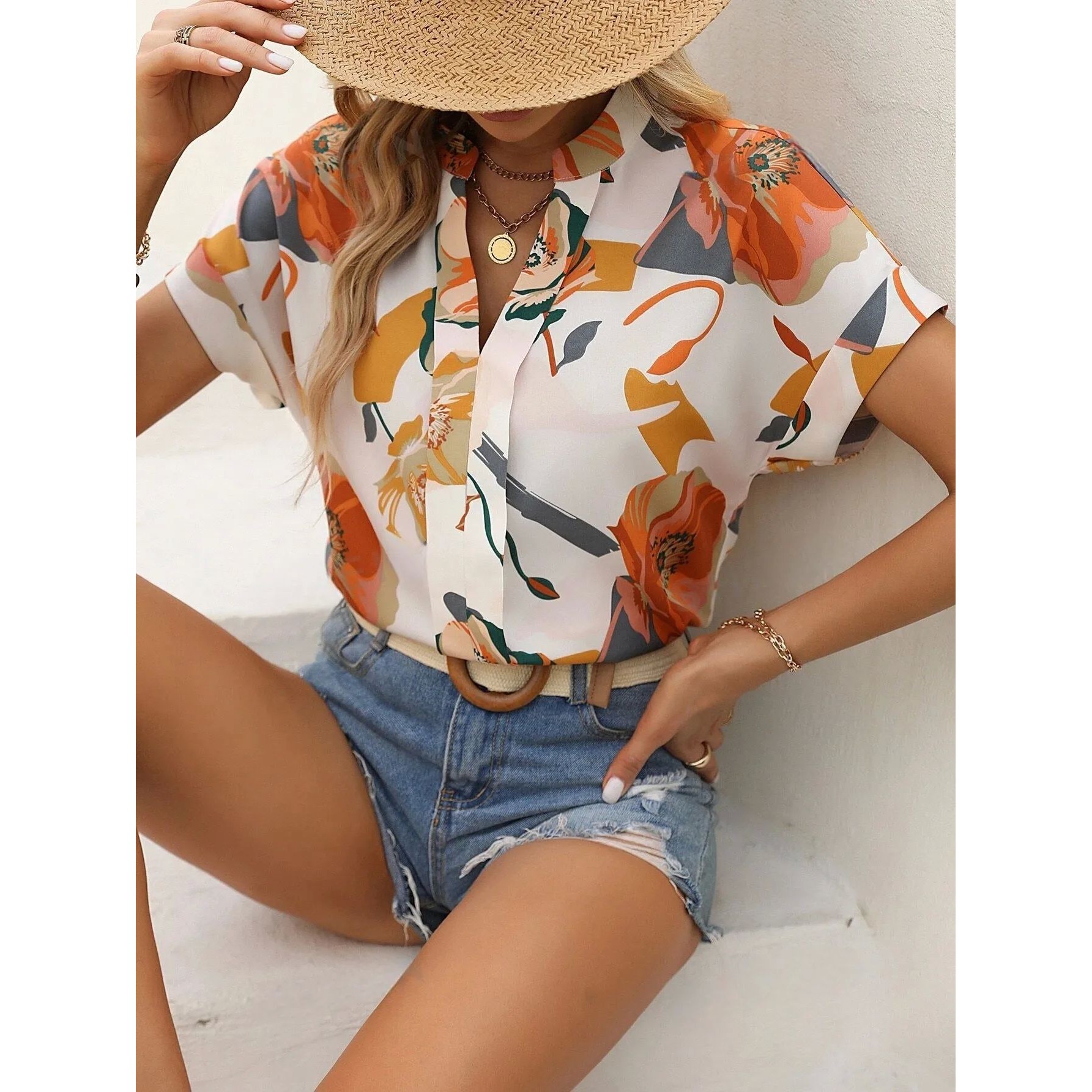 Women Flora Print Notched Neck Batwing Sleeve Blouse Ladies