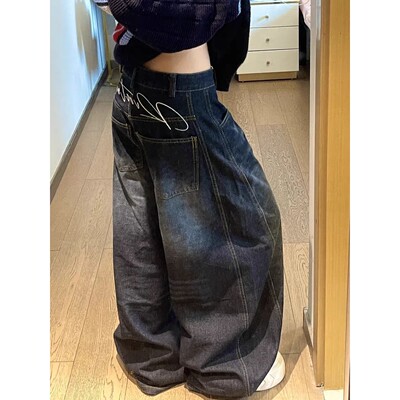Casual Womens Y2K Loose Baggy Jeans Blue Washed High Street