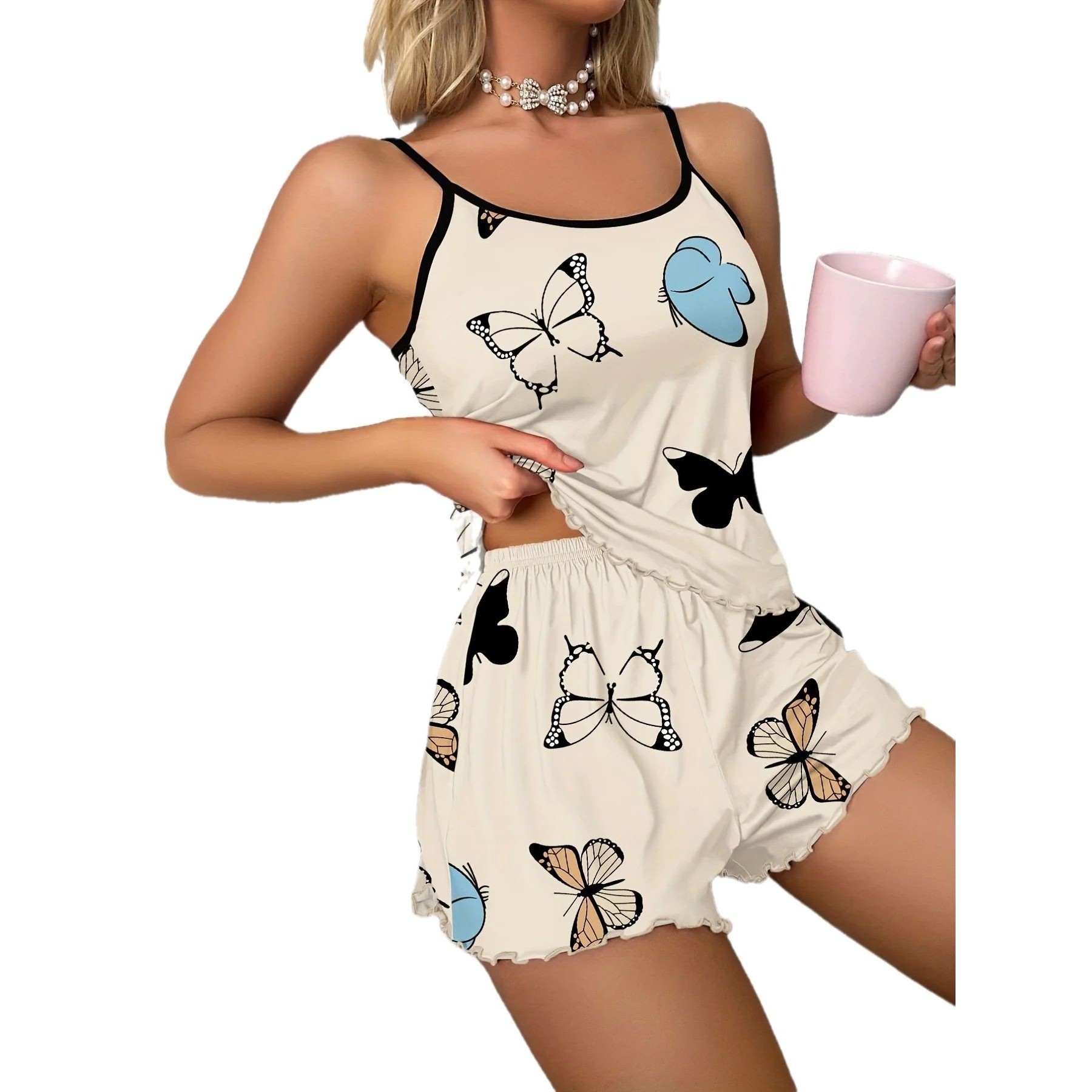 Butterfly Print Pajama Set Lettuce Trim Cami Top  Elastic Wa