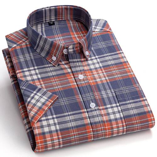 100%Pure Cotton Oxford Men's Shirts Short Sleeve Plaid Soft