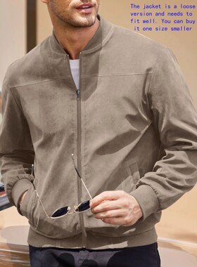Men's suede nap fabric casual jacket Round neck zipper Solid