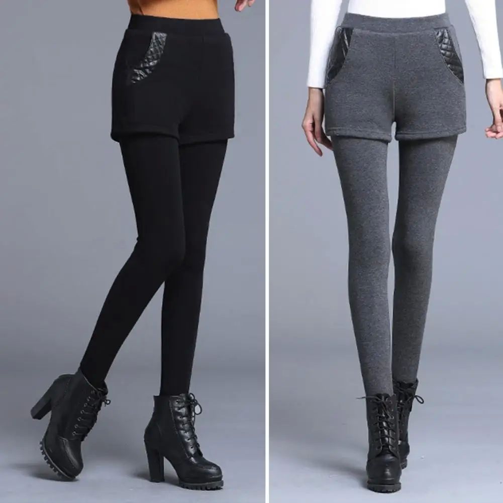 Fake Two Piece Leggings Shorts Women High-Waist Elastic Wais