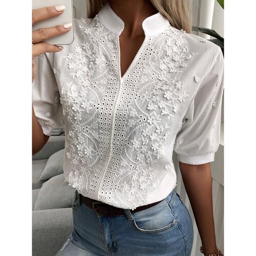 Summer Floral Embroidery Lace Blouse Fashion Women V Neck Ca
