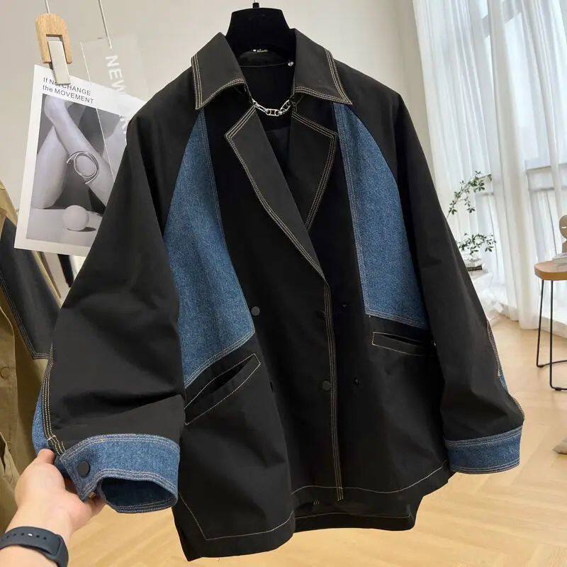 2024 New Korean Denim Stitching Long Sleeve Jacket Coat Wome