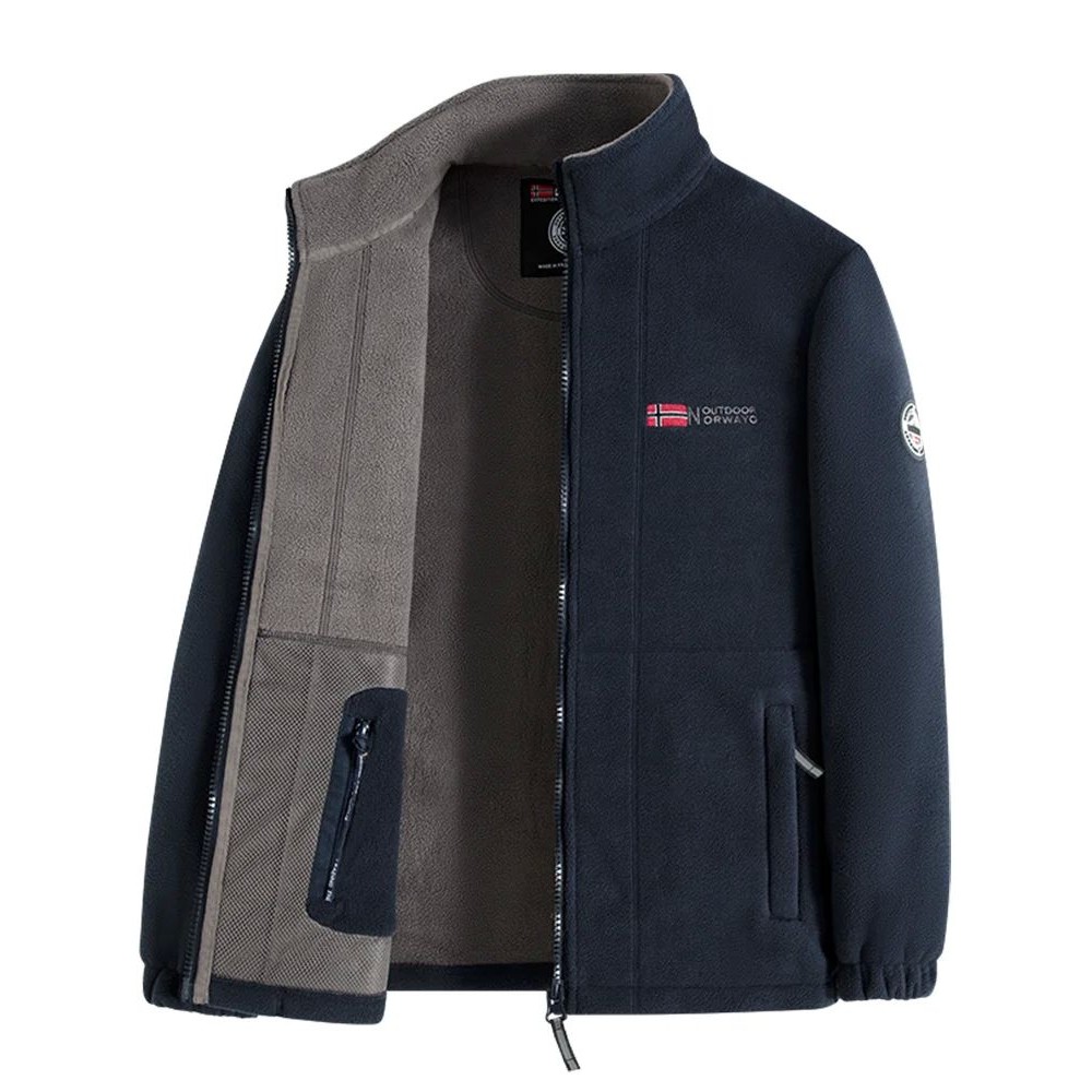 Navy Blue Fleece Zip - Up Jacket with Norwegian Flag and 