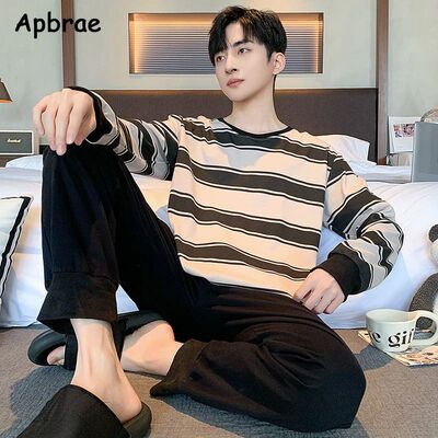 Autumn Winter Stripe Print Pajamas for Men Soft Faux Cotton