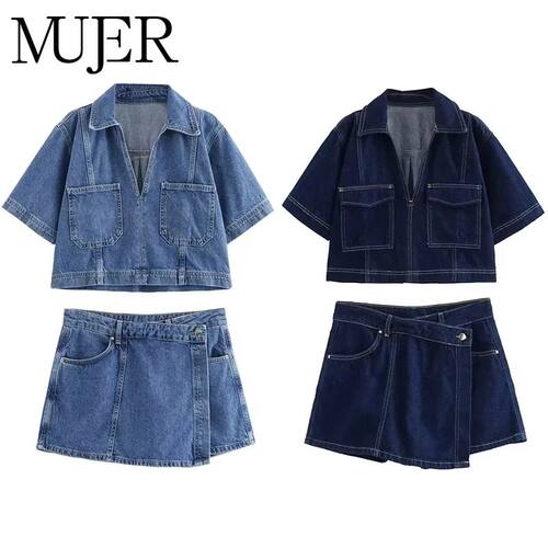 MUJER Blue Denim Shirt Woman Short Sleeve Cropped Shirt Wome