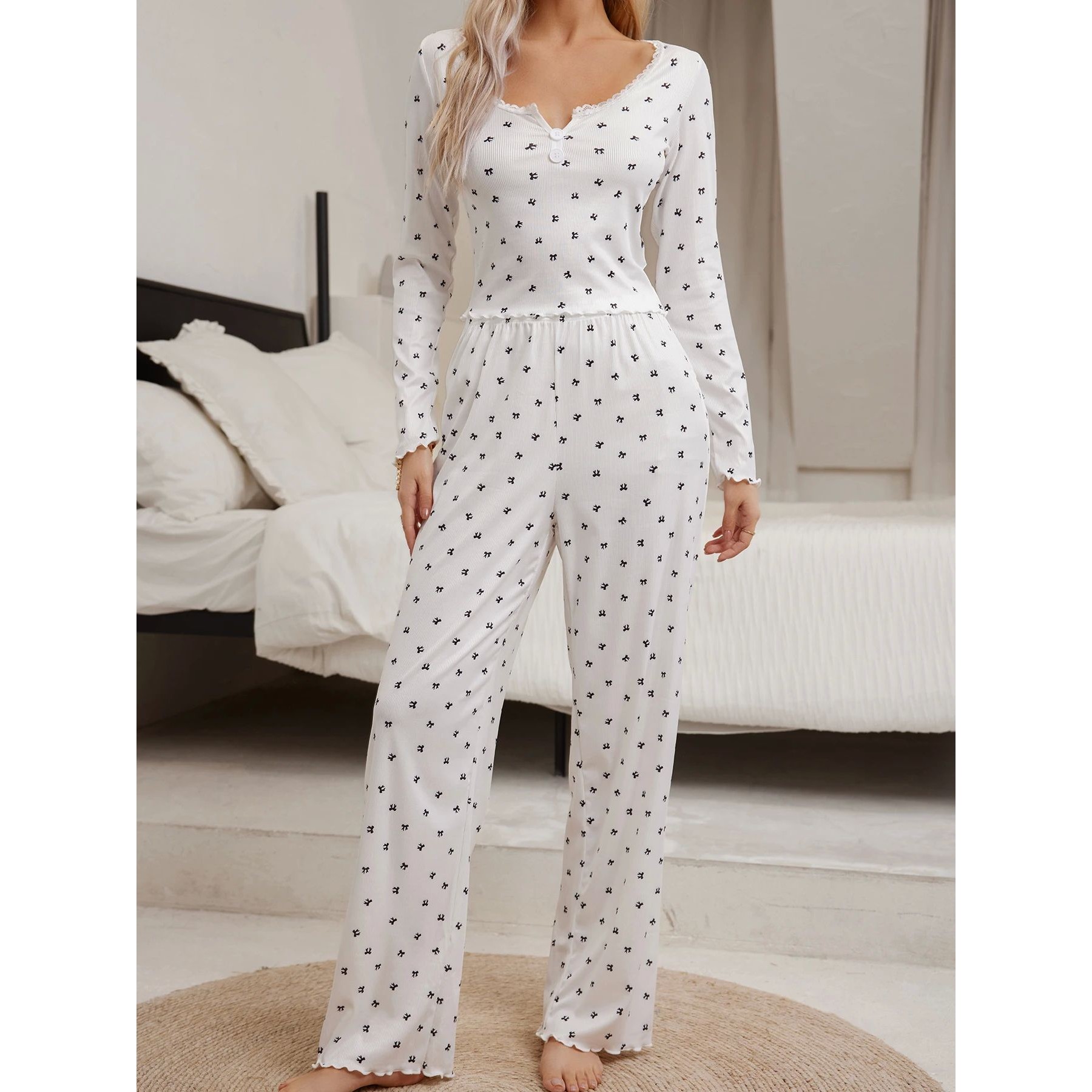 Sleepwear Suit Cute Bowknot Print  Lettuce Trim Top with Lon