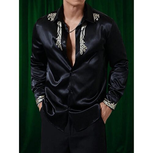 Men's Black Satin Long Sleeve Shirt with Gold Floral Embroid