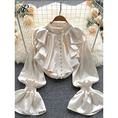 SINGREINY High Quality Satin Loose Shirt Long Flared Sleeves