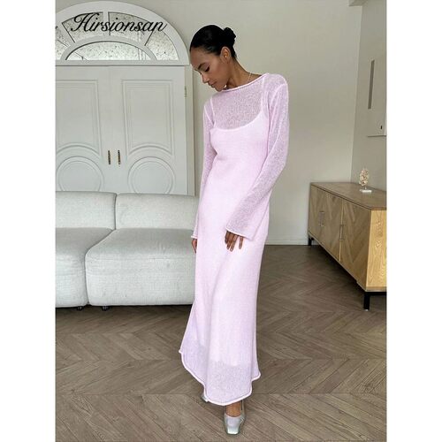 Hirsionsan Spring Autumn O-Neck Elastic Knit Long Dresses Wo