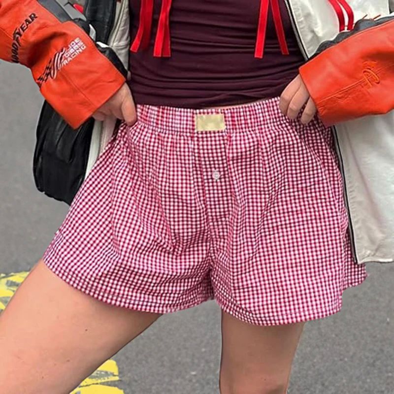 Gingham Boxer Shorts for Women Teen-girls Elastic Waistband
