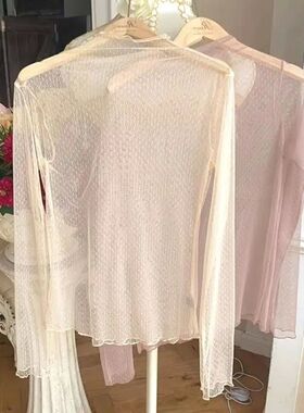Sexy Women Transparent Mesh Tops Lace Long Sleeve See Throug