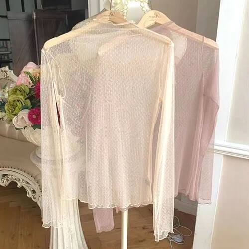 Sexy Women Transparent Mesh Tops Lace Long Sleeve See Throug