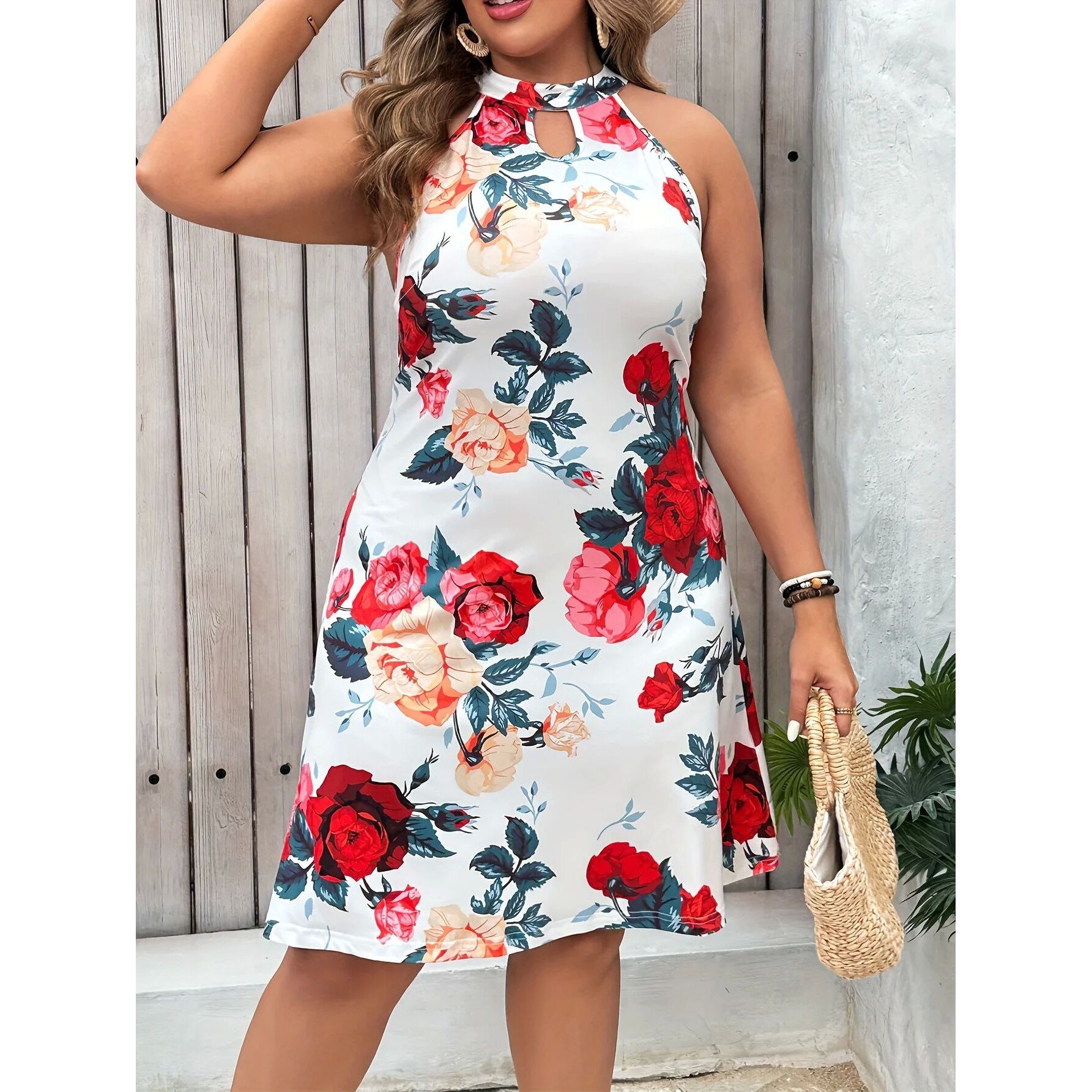 Plus Size Floral Print Keyhole Dress, Casual Halter Neck Sle