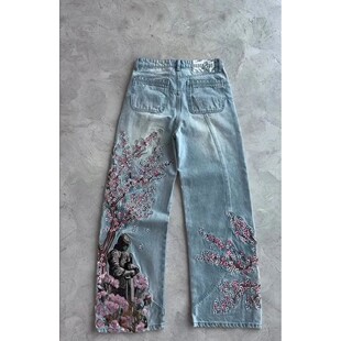 Blossom Knight Pants Women Denim Cherry Embroidery Men All