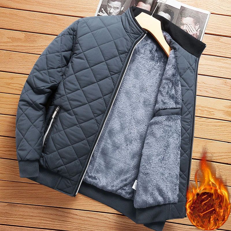 Autumn Winter Bomber Jacket Men Diamond Pattern Fleece Lined