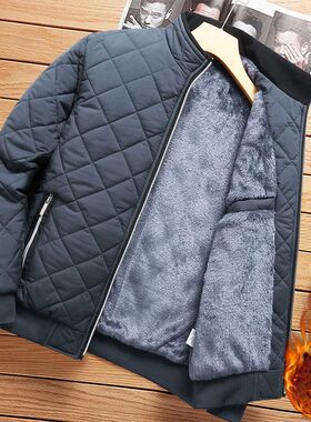 Autumn Winter Bomber Jacket Men Diamond Pattern Fleece Lined
