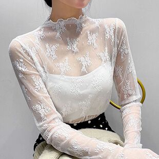 Women Half High Collar Lace Bottomed Blouse T-shirt Lace Ear