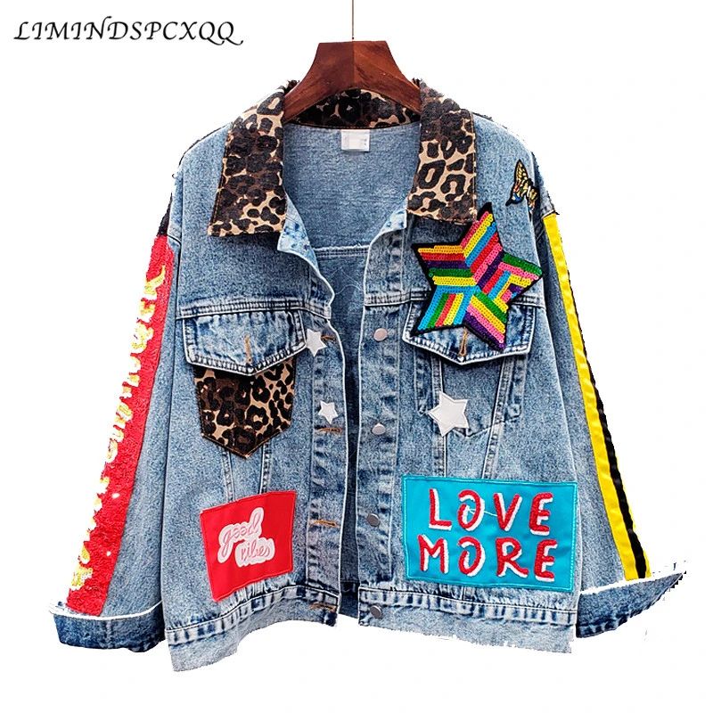 Sequins Loose Denim Jacket Girls Students High Street Party