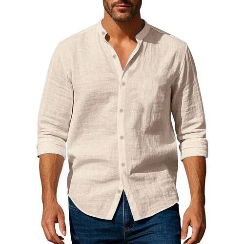 Cotton Linen Shirt for Men Henley Neck Solid Color Lightweig