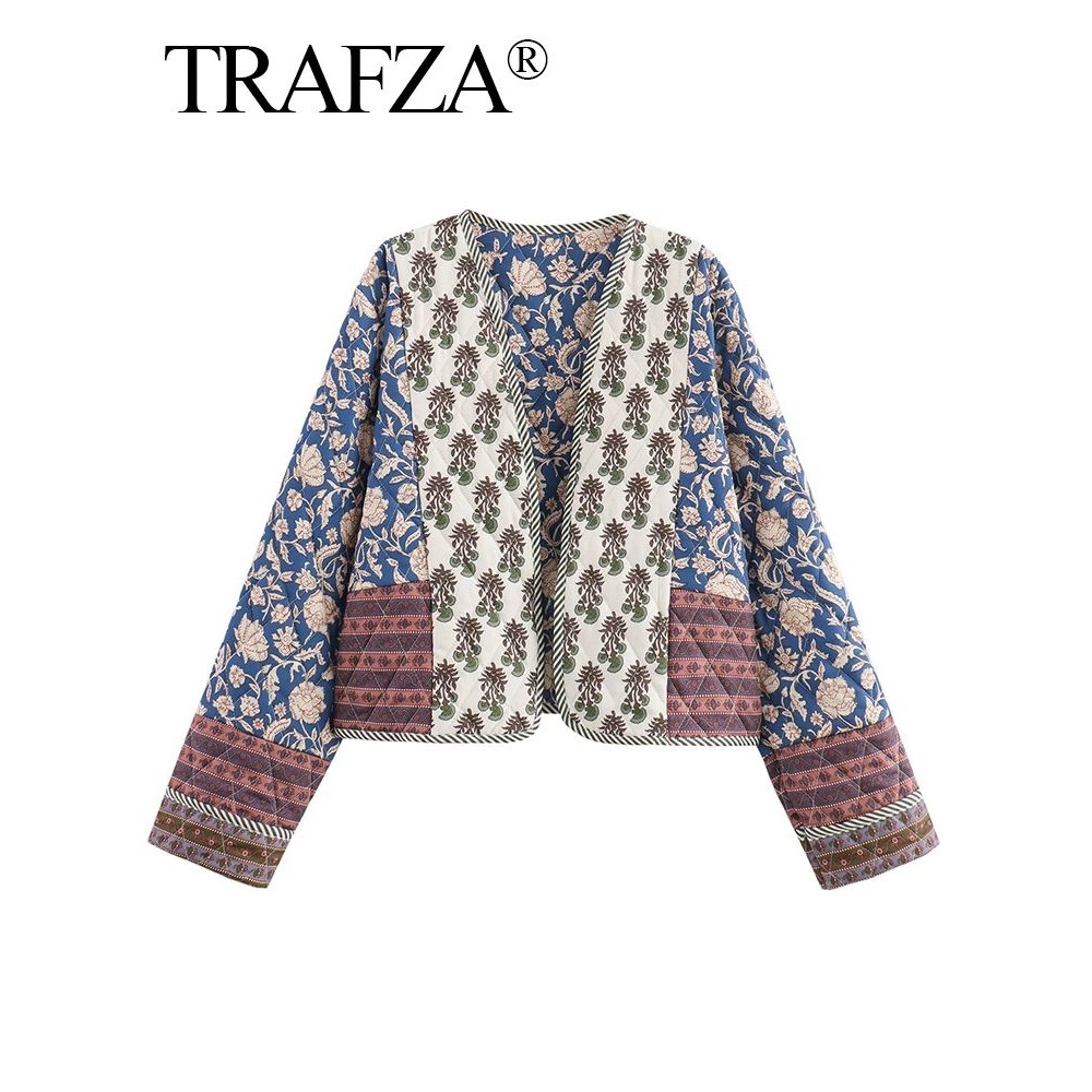 TRAFZA Vintage Women's Print Patchwork Cotton Jacket 2024 Qu