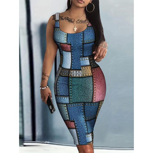 Plus Size Denim Print Fashion Dress - Eye-Catching Colorbloc