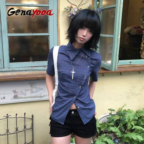 Genayooa Vintage Plaid Casual Shirt Women Short Sleeve Y2k T