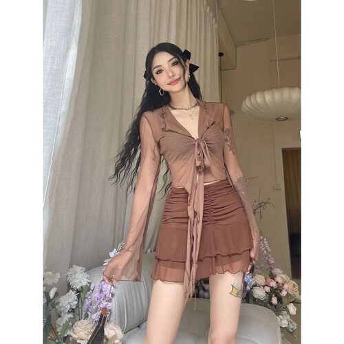 Long Flare Sleeve Blouses for Women Lace-up Mesh Sexy Sweet
