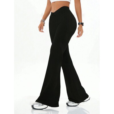 Women's high waist slim fit flared pants, solid color soft h
