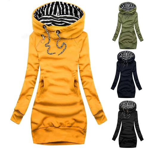 Hoodie Dress Casual Solid Colour Long Sleeve Drawstring Hood