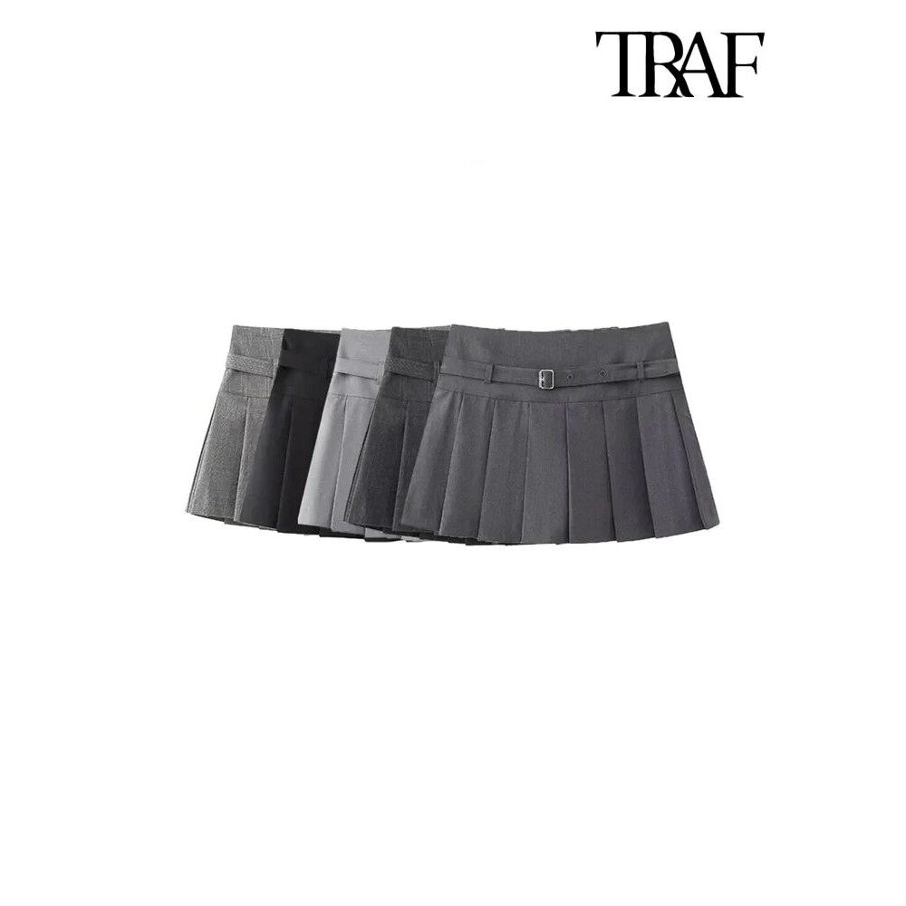TRAF-Pleated Shorts Skirts for Women, With Belt,Side Zipper,