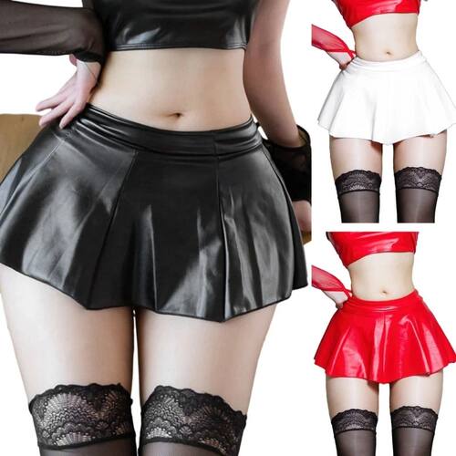Womens Solid Color Novelty Pleated Mini Skirt 20cm PU Faux L